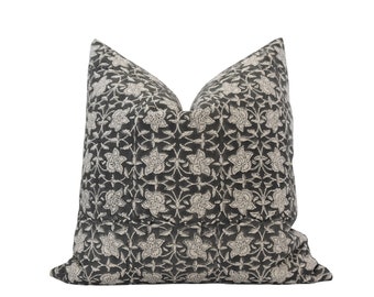ONYX || Black Block Print Pillow Cover Black Floral Pillow Cover Moody Floral Pillow Floral Block Print Black Floral Cushion Dark Floral