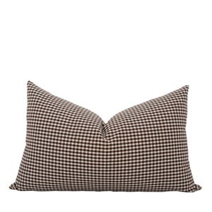 Dark brown gingham pillow cover, gingham lumbar pillow, brown check pillow cover, brown throw pillow, moody brown pillow, interior design, mcgee and co pillows, amber interiors pillows, masculine throw pillows, cottage style pillows, tapestry pillow