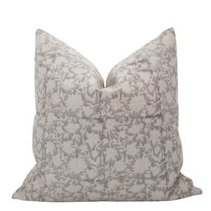 GRACE || Gray Floral Linen Pillow Cover, Grey Block Print Pillow, Neutral Floral Pillow, Farmhouse Pillow, Muted Gray Pillow, Gray Pillow