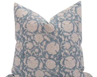 LIVY || Blue Floral Pillow Cover Blue Block Print Pillow Farmhouse Pillow Spring Pillow Light Blue Pillow Summer Coastal Throw Pillow