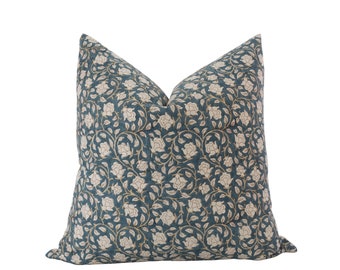 IVY || Designer Blue Floral Line Pillow Cover Block Print Pillow Farmhouse Pillow Dark Blue Pillow Spring Pillow Jewel Tone Pillow Cover