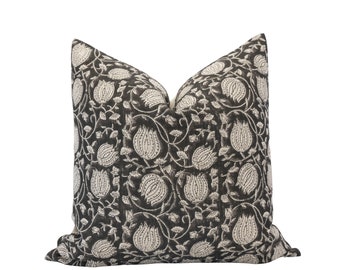 MARCO || Black Block Print Pillow Cover Black Floral Pillow Cover Moody Floral Pillow Floral Block Print Black Floral Cushion Dark Floral