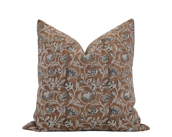 CLEO || Brown and Blue Floral Pillow Cover Block Print Pillow Farmhouse Pillow Moody Floral Pillow Brown Floral Pillow Caramel Brown Pillow