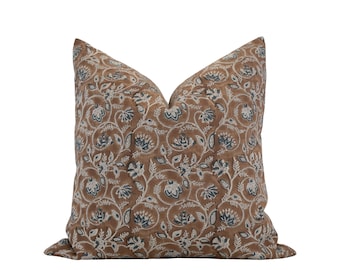 CLEO || Caramel and Navy Floral Linen Pillow Cover Brown Floral Pillow Designer Linen Pillow Fall Pillow Cinnamon Pillow Farmhouse Pillow