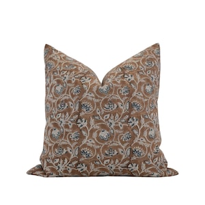 CLEO || Brown and Blue Floral Pillow Cover Block Print Pillow Farmhouse Pillow Moody Floral Pillow Brown Floral Pillow Caramel Brown Pillow