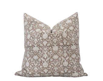 HALEY || Beige Brown Floral Pillow Cover Beige Floral Pillow Brown Block Print Pillow Cover Taupe Floral Pillow Modern Farmhouse Floral