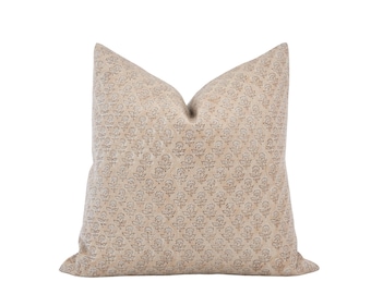 FIELE || Designer Sand Floral Linen Pillow Cover Block Print Pillow Farmhouse Pillow Light Tan Pillow Neutral Pillow Beige Floral Pillow