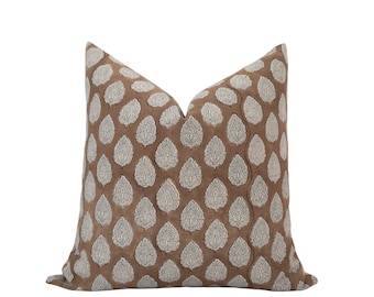 RAYNA || Caramel Block Print Pillow Cover Brown Floral Pillow Cover Fall Pillow Camel Pillow Designer Linen Pillow Neutral Brown Pillow