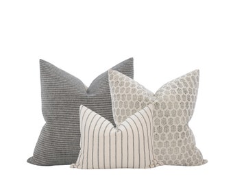 Neutral Grey Pillow Cover Combo Grey Sofa Pillows Neutral Pillow Cover Set Grey Stripe Pillow Combo Block Print Pillow Farmhouse Pillows