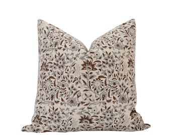 MILA COCOA || Gray & Brown Floral Linen Pillow Grey Floral Pillow Designer Linen Pillow Neutral Floral Pillow Modern Farmhouse Spring Pillow