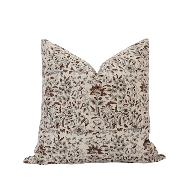 MILA COCOA || Gray & Brown Floral Linen Pillow Grey Floral Pillow Designer Linen Pillow Neutral Floral Pillow Modern Farmhouse Spring Pillow