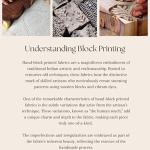 Peut inclure: Un collage d'images illustrant l'impression au bloc de bois. On y voit des blocs de bois sculpt&eacute;s et le processus d'application sur le tissu. Le texte "Understanding Block Printing" est &eacute;galement visible.