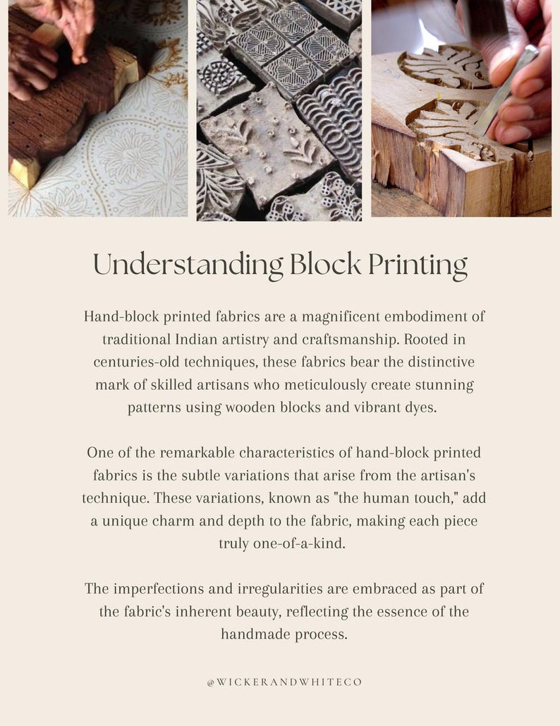 Peut inclure: Un collage d'images illustrant l'impression au bloc de bois. On y voit des blocs de bois sculpt&eacute;s et le processus d'application sur le tissu. Le texte "Understanding Block Printing" est &eacute;galement visible.