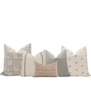 Brown, Green and Blue Pillow Cover Set Blue Floral Pillow Set Green Floral Pillow Set Farmhouse Pillow Coastal Pillow Set Neutral Pillow Set