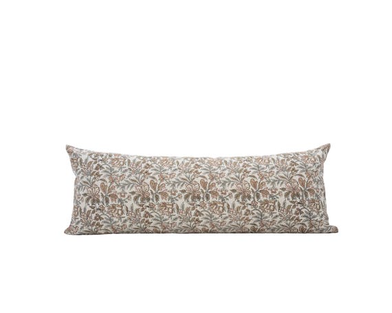 SADIE || Brown Floral Long Lumbar Pillow Cover Block Print Pillow Floral Pillow Spring Pillow Muted Floral Pillow Designer Pillow