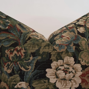 dark green floral pillow cover, floral tapestry pillow cover, moody floral pillow, antique style pillow, rustic floral pillow, vintage floral pillow, moody floral pillow, cottagecore pillows, botanical throw pillow, fall pillow cover, McGee and Co pillow covers, Amber Interiors pillows, blue floral pillow, verdure throw pillows, modern farmhouse pillows, coastal style pillows, designer throw pillows, high-quality pillows, woven tapestry pillow, 20x20 tapestry pillow cover, Jacobean floral pillow
