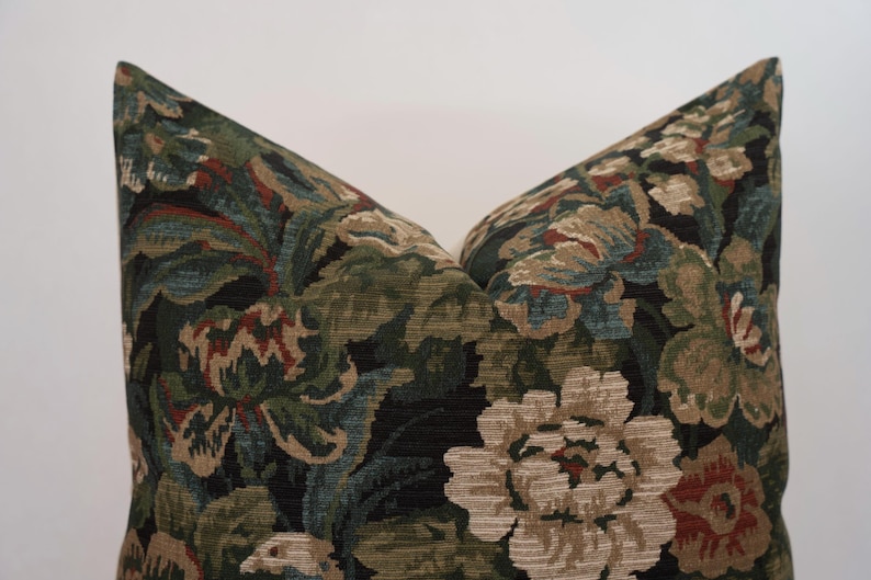 dark green floral pillow cover, floral tapestry pillow cover, moody floral pillow, antique style pillow, rustic floral pillow, vintage floral pillow, moody floral pillow, cottagecore pillows, botanical throw pillow, fall pillow cover, McGee and Co pillow covers, Amber Interiors pillows, blue floral pillow, verdure throw pillows, modern farmhouse pillows, coastal style pillows, designer throw pillows, high-quality pillows, woven tapestry pillow, 20x20 tapestry pillow cover, Jacobean floral pillow