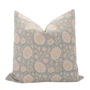 RHODES || Muted Blue Floral Pillow Cover Blue Block Print Pillow Blue Farmhouse Pillow Light Blue Pillow Spring Pillow Coastal Pillow Cover