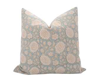 RHODES|| Muted Blue Floral Linen Pillow Cover: Block Print, Farmhouse Decor, Coastal Pillow, Cottage Pillow, Neutral, Light Blue Pillow