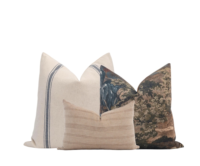 Blue and Brown Pillow Cover Set, Coastal Pillow Set, Cottage Pillow Set, Neutral Pillow Combo, Tapestry Pillow, Sectional Pillow Combo image 1