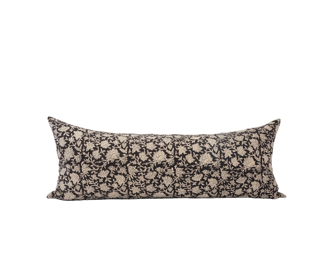 TUULA || 14x36 Floral Long Lumbar Pillow Cover Floral Oversized Lumbar Black Block Print Lumbar Pillow Black Floral Lumbar Floral Bed Pillow
