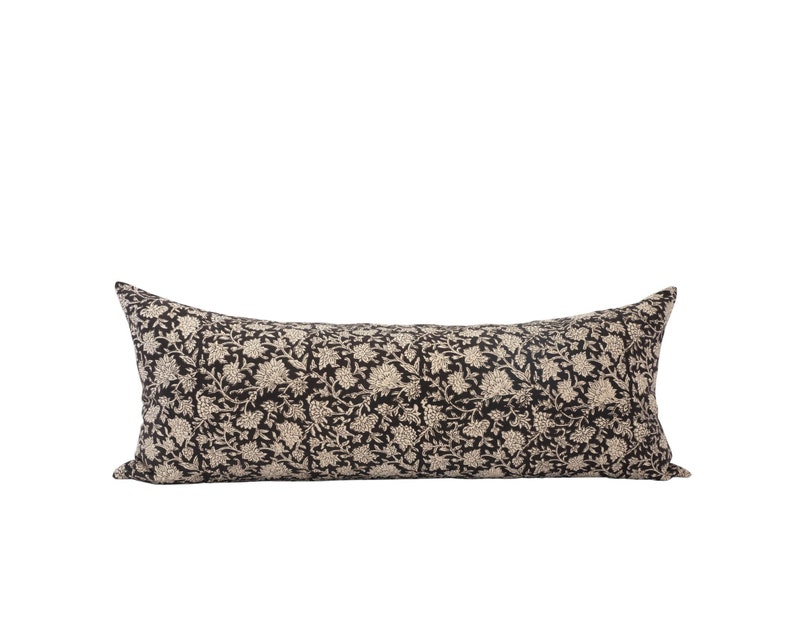 TUULA || 14x36 Floral Long Lumbar Pillow Cover Floral Oversized Lumbar Black Block Print Lumbar Pillow Black Floral Lumbar Floral Bed Pillow