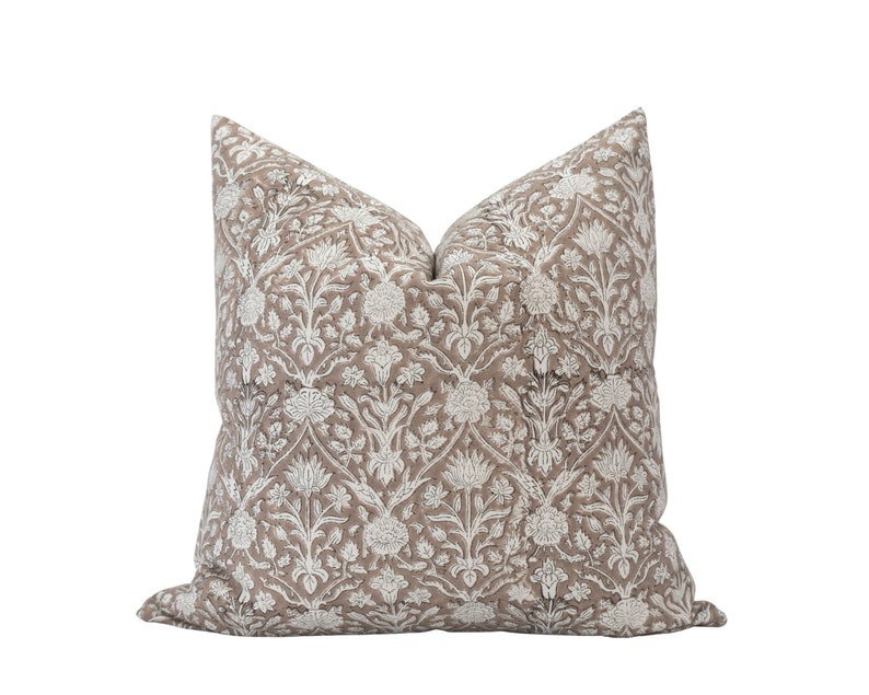 HALEY Beige Brown Floral Pillow Cover Beige Floral Pillow Brown Block Print Pillow Cover Taupe Floral Pillow Modern Farmhouse Floral image 1