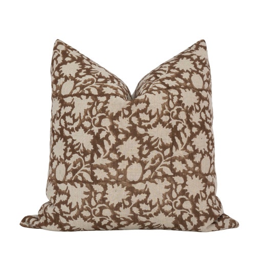 BLOOM UMBER Designer Brown Floral Linen Pillow Cover Block Etsy