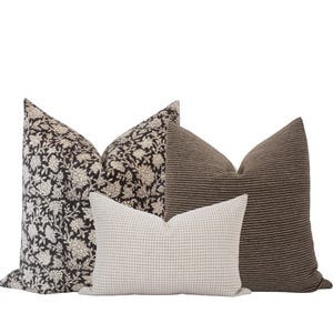Neutral Pillow Cover Set: Black Floral Block Print, Brown Handwoven, Beige Gingham