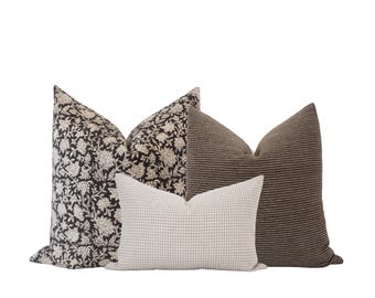 Neutral Pillow Cover Set: Black Floral Block Print, Brown Handwoven, Beige Gingham