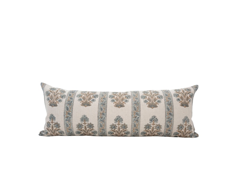 AANYA || 14x36 Designer Blue Floral Linen Pillow Cover Block Print Lumbar Pillow Farmhouse Pillow Light Blue Pillow Spring Pillow Bed Pillow