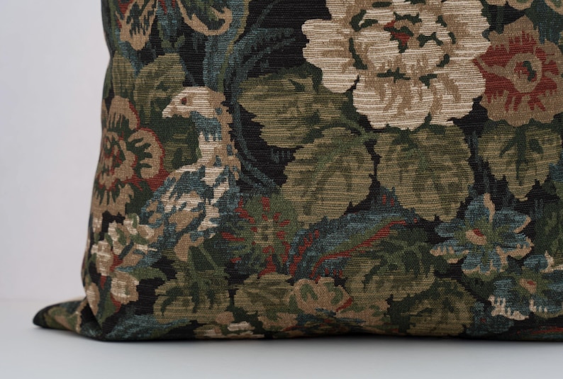 dark green floral pillow cover, floral tapestry pillow cover, moody floral pillow, antique style pillow, rustic floral pillow, vintage floral pillow, moody floral pillow, cottagecore pillows, botanical throw pillow, fall pillow cover, McGee and Co pillow covers, Amber Interiors pillows, blue floral pillow, verdure throw pillows, modern farmhouse pillows, coastal style pillows, designer throw pillows, high-quality pillows, woven tapestry pillow, 20x20 tapestry pillow cover, Jacobean floral pillow
