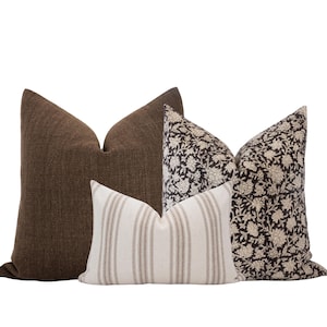 Moody Pillow Cover Combo Brown Pillow Combo Neutral Pillow Set Modern Farmhouse Pillow Block Print Pillow Combo Sofa Pillow Set Fall Pillow