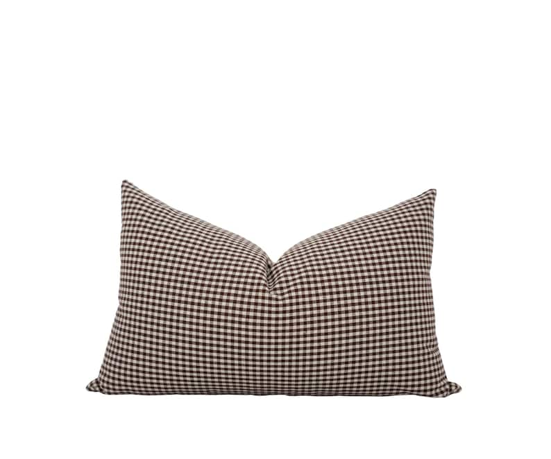 Dark brown gingham pillow cover, gingham lumbar pillow, brown check pillow cover, brown throw pillow, moody brown pillow, interior design, mcgee and co pillows, amber interiors pillows, masculine throw pillows, cottage style pillows, tapestry pillow