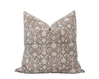 HALEY || Taupe Beige Floral Pillow Cover Block Print Pillow Farmhouse Pillow Brown Floral Pillow Spring Pillow Neutral Floral Pillow Cover