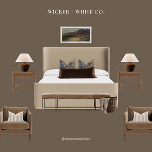 May include: A bedroom scene with a beige upholstered bed, two matching nightstands with lamps, and two armchairs. A bench sits at the foot of the bed, and a landscape painting hangs above. The color palette is neutral with brown and beige tones.