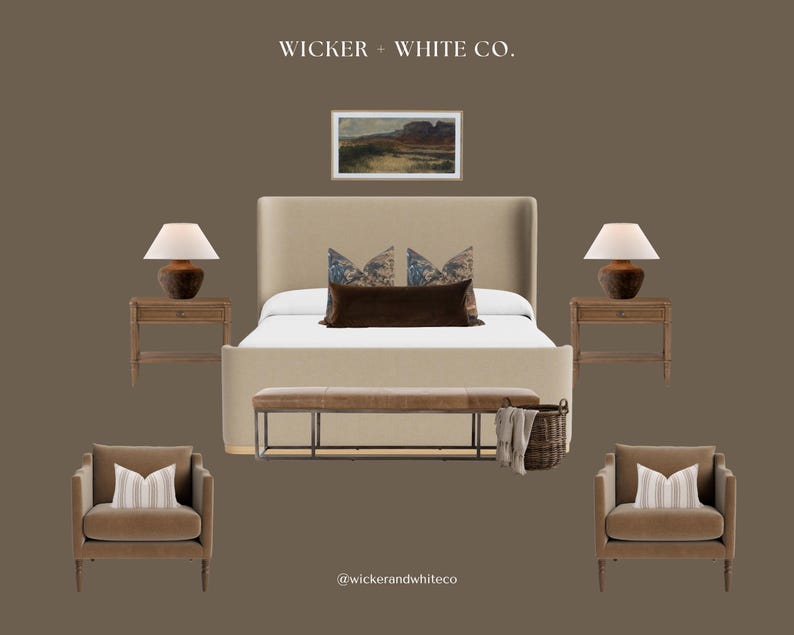 May include: A bedroom scene with a beige upholstered bed, two matching nightstands with lamps, and two armchairs. A bench sits at the foot of the bed, and a landscape painting hangs above. The color palette is neutral with brown and beige tones.
