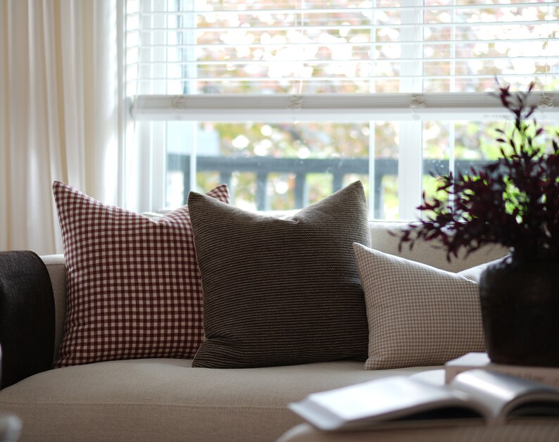 May include: A white couch with three pillows. The pillows are red and white gingham, brown and white striped, and beige and white gingham. A book is on the couch in front of the pillows.