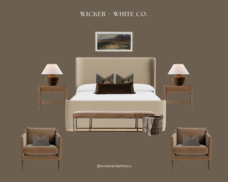 May include: A bedroom scene featuring a beige upholstered bed with decorative pillows, flanked by wooden nightstands with lamps. Two armchairs with patterned pillows and a bench are in front of the bed. A landscape painting hangs above the bed.