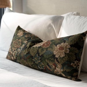 dark green floral pillow cover, floral tapestry pillow cover, moody floral pillow, antique style pillow, rustic floral pillow, vintage floral pillow, moody floral pillow, cottagecore pillows, botanical throw pillow, fall pillow cover, McGee and Co pillow covers, Amber Interiors pillows, blue floral pillow, verdure throw pillows, modern farmhouse pillows, coastal style pillows, designer throw pillows, high-quality pillows, woven tapestry pillow, 20x20 tapestry pillow cover, Jacobean floral pillow