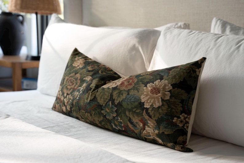 dark green floral pillow cover, floral tapestry pillow cover, moody floral pillow, antique style pillow, rustic floral pillow, vintage floral pillow, moody floral pillow, cottagecore pillows, botanical throw pillow, fall pillow cover, McGee and Co pillow covers, Amber Interiors pillows, blue floral pillow, verdure throw pillows, modern farmhouse pillows, coastal style pillows, designer throw pillows, high-quality pillows, woven tapestry pillow, 20x20 tapestry pillow cover, Jacobean floral pillow
