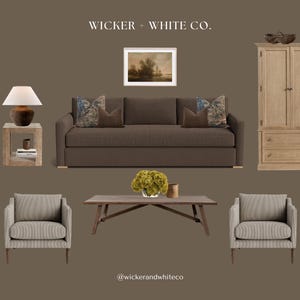 May include: A staged living room scene with a brown sofa, two armchairs, a wooden coffee table, and a wooden cabinet. A framed landscape painting hangs above the sofa. A side table with a lamp and a decorative vase are also present.