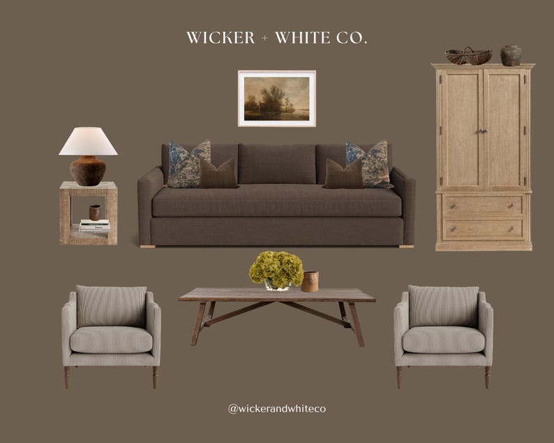 May include: A staged living room scene with a brown sofa, two armchairs, a wooden coffee table, and a wooden cabinet. A framed landscape painting hangs above the sofa. A side table with a lamp and a decorative vase are also present.