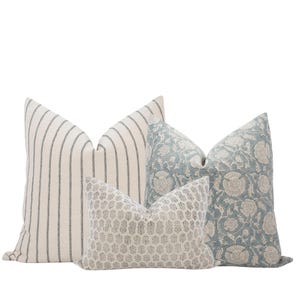 Neutral Blue Pillow Cover Set Light Blue Pillow Set Block Print Pillow Pillow Farmhouse Pillow Set Spring Pillow Neutral Throw Pillow Set