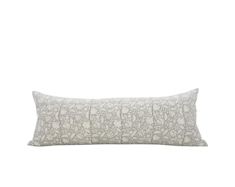 ANJU || 14x36 Gray Floral Long Lumbar Pillow Cover Oversized Floral Lumbar Gray Floral Bed Pillow Modern Farmhouse Block Print Lumbar