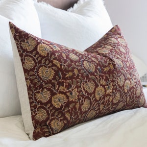 KALA || Burgundy Floral Pillow Cover Block Print Floral Burgundy Floral Modern Farmhouse Floral White Floral Sofa Décor Bed Pillow Vintage