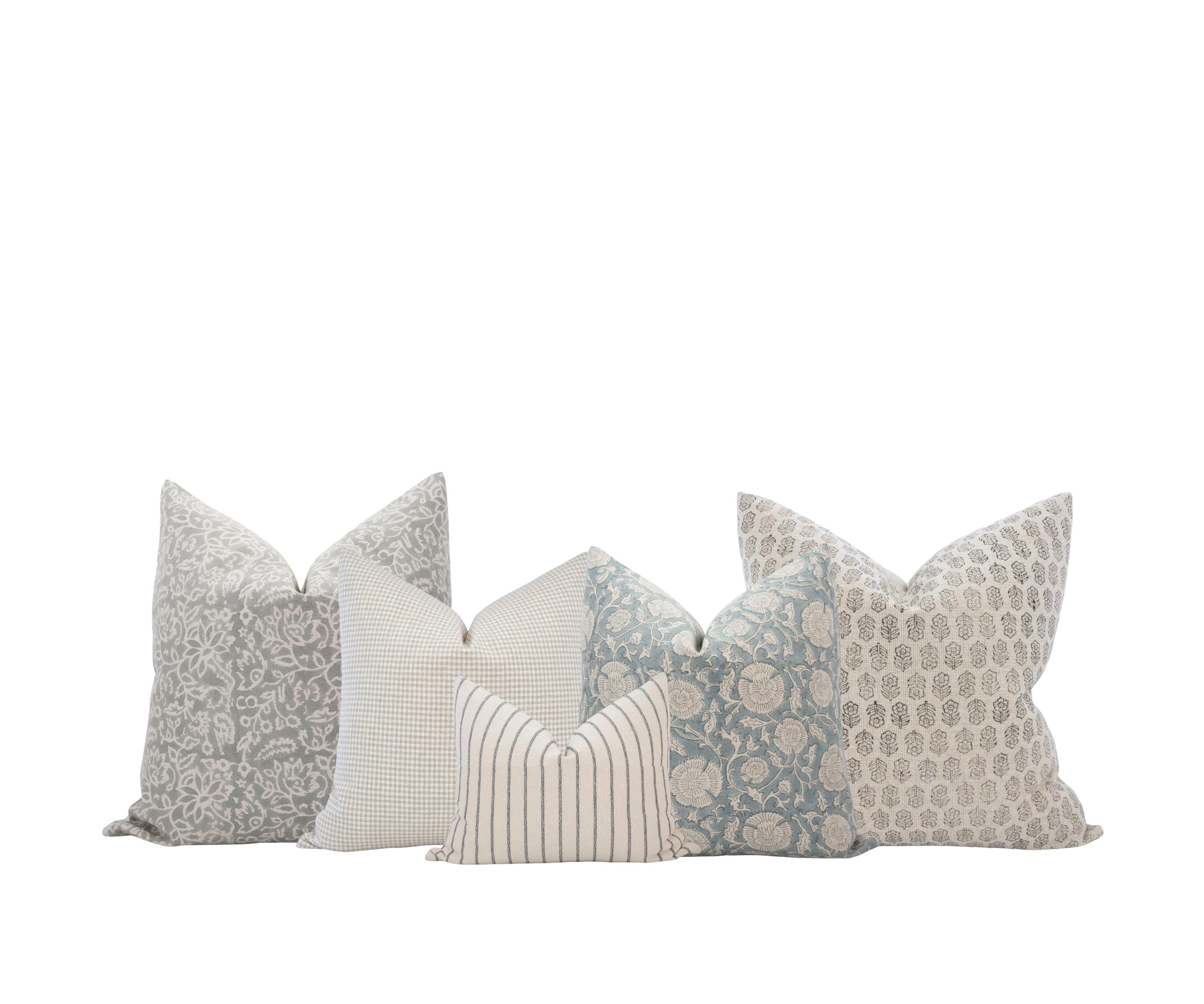 Neutral Blue and Gray Pillow Cover Set Costal Throw Pillows Block Print Pillow Combo Farmhouse Pillow Sprint Pillow Set Neutral Pillow Combo