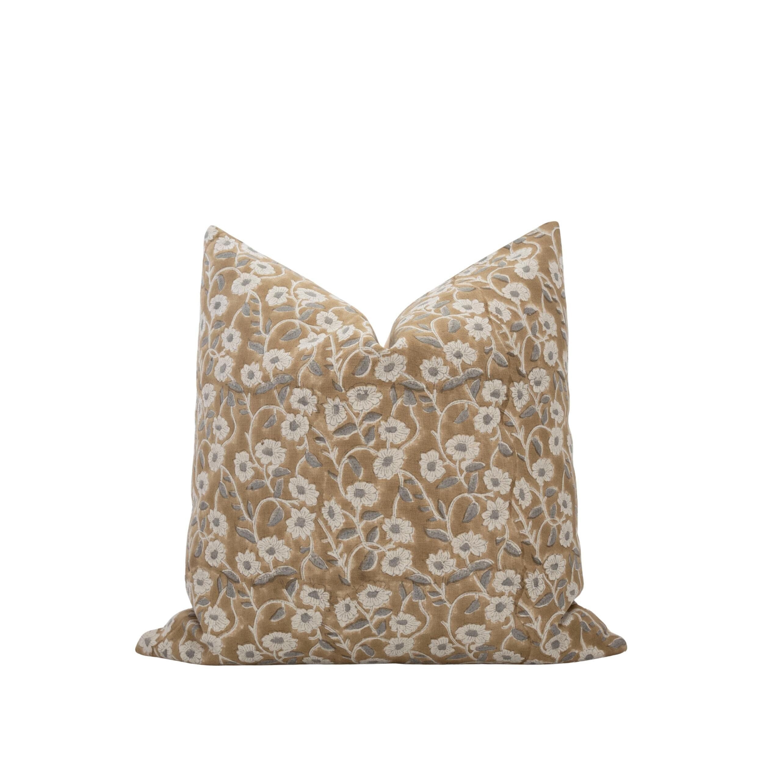 AUTUMN || Camel and Grey Floral Block Print Pillow Cover, Farmhouse Pillow, Fall Pillow, Cottage Pillow, Designer Pillow, Neutral Floral