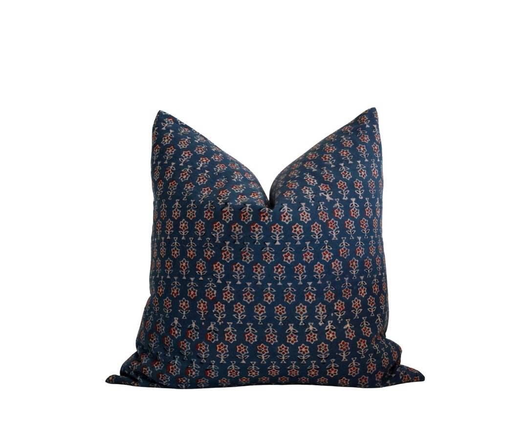 ARUN Navy Blue and Red Pillow Cover Blue Block Print Pillow Blue Pillow