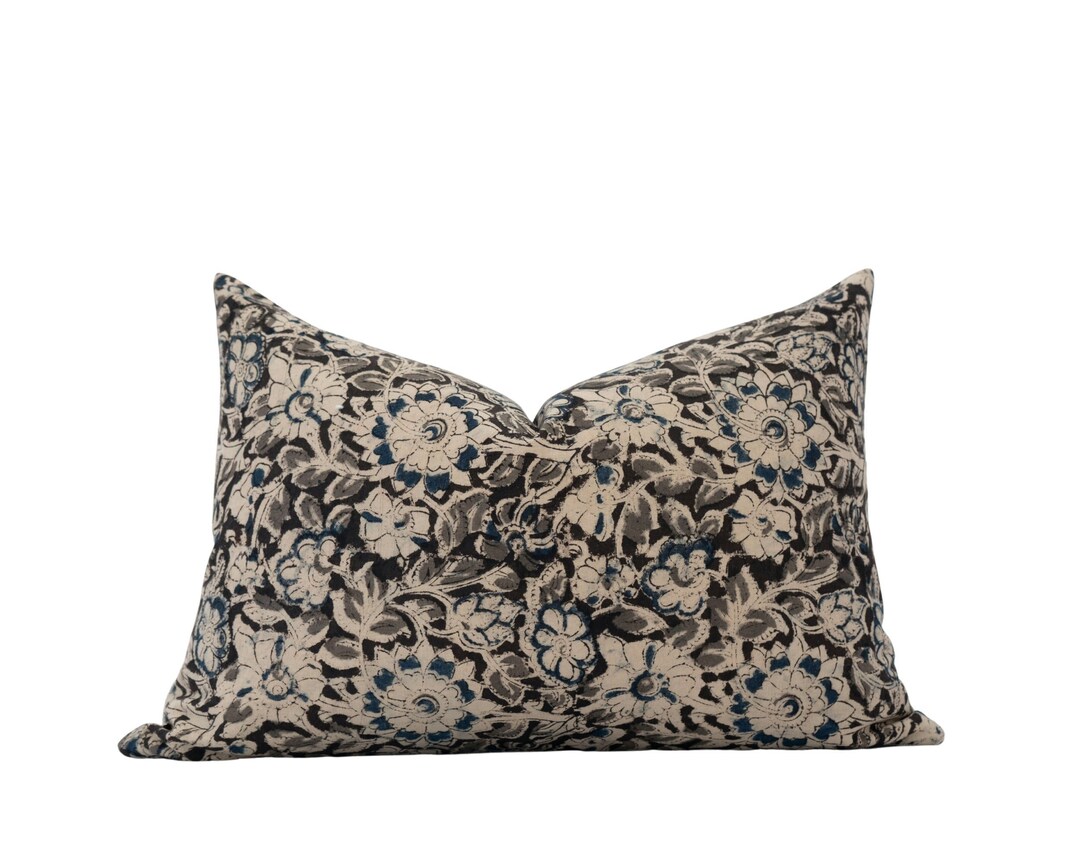 DUKE Grey Floral Pillow Cover Gray Block Print Pillow Black Etsy
